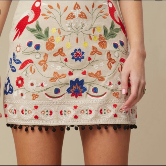 Altar'd State Dresses & Skirts - Altar’d State Embroidered Mini Skirt with Pom Poms